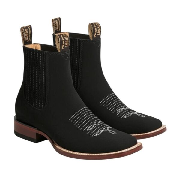 Los Altos Boots Nubuck Black Square Toe Chelsea Boots White Embroidered Medallio - Picture 1 of 9